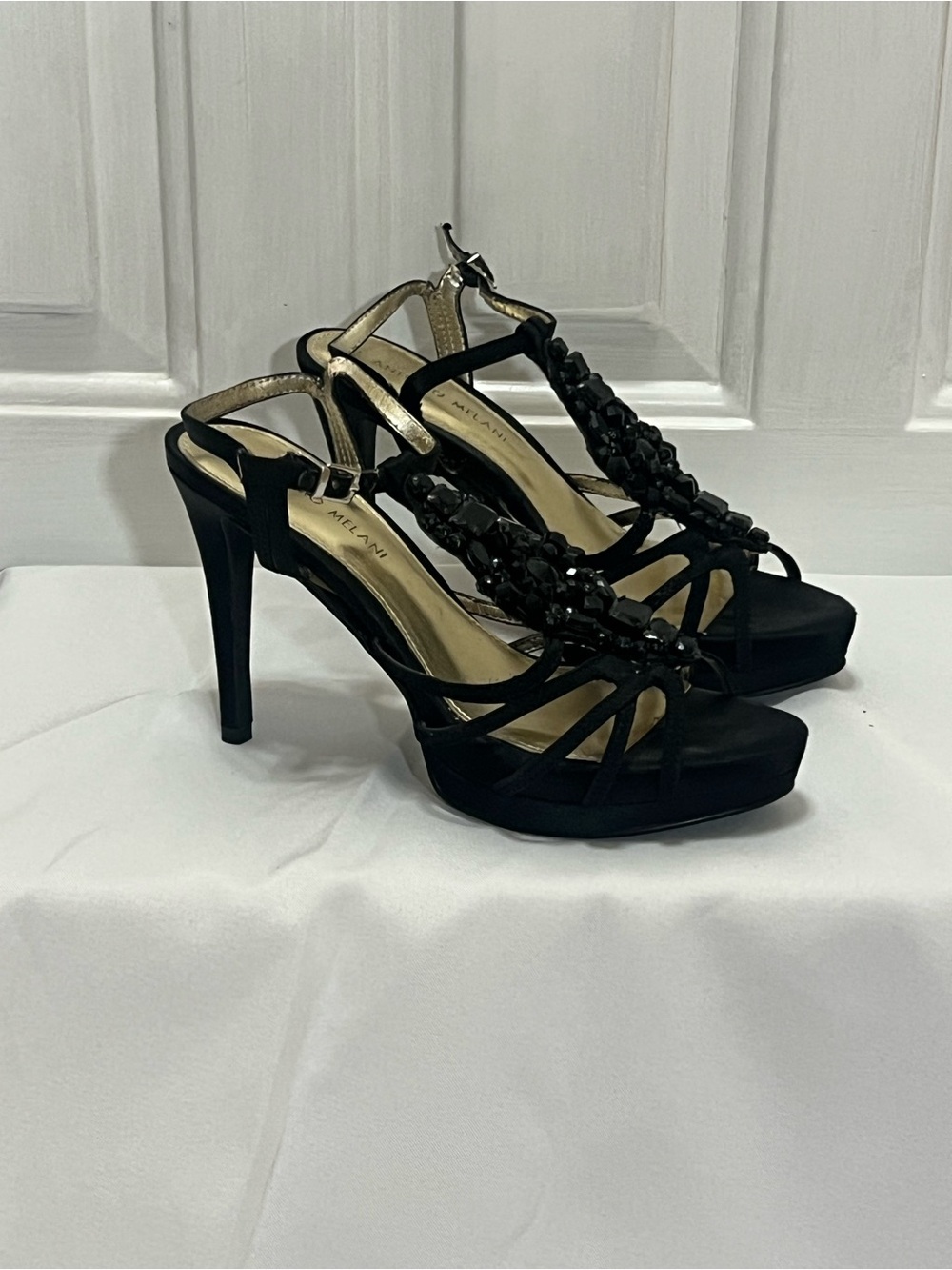 ANTONIO MELANI Black Embellished Strappy High Heel Sandals Size 7 1/2